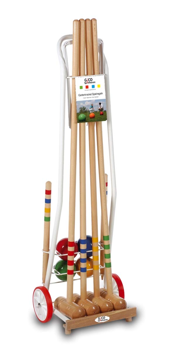 GICO Hochwertiges Krocketspiel ais Massivholz im Transportwagen aus Metall für 4 Spieler, 4 Schläger 100 cm für Erwachsene – EU Produkt – 3124