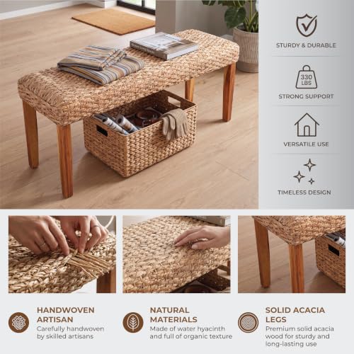 Image of Entryway Bench, 47 inch Natural Plait Seat Wicker and Solid Acacia Wood Frame