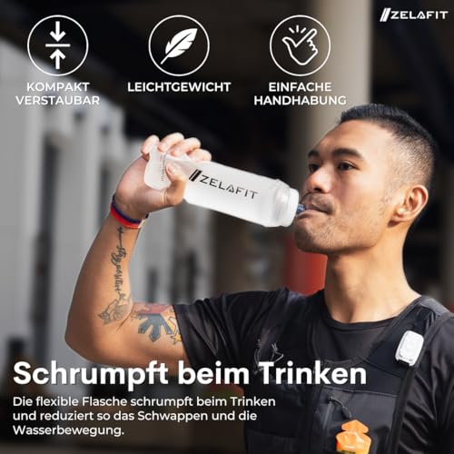 ZelaFit® 2x Faltbare Trinkflasche 500 ml, Soft Flask Trinkbeutel für Laufen & Trailrunning, Leichte Laufflasche mit Beißventil, BPA-frei und Auslaufsicher, Faltflasche