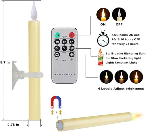 Miniatura 2 de Velas de ventana parpadeantes que funcionan con pilas con control remoto y temporizador, paquete de 6 velas cónicas eléctricas sin llama con base