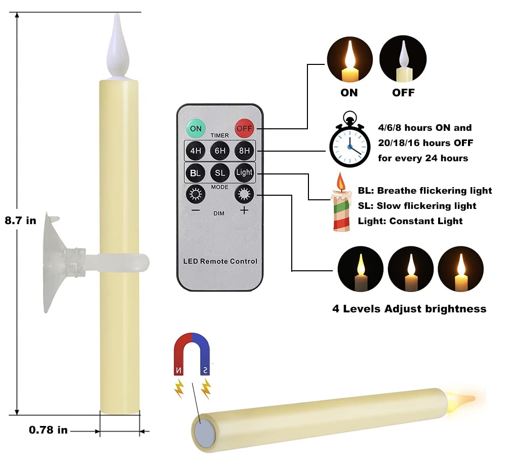 ShareMoon Window Candles Flickering Battery Operated with Remote and Timer, 9 Pack Electric Flameless Taper Candles with Magnetic Base for Christmas Halloween Dinner Wedding Party Decoration