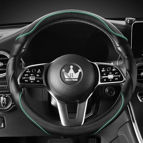 HighnessHwoo 3D Car Steering Wheel Cover Comfort Grip Massage Sporty Anti-Slip Carbon Fiber Faux Leather for Sedan Suv, Universal Fit, Car Handle Covers for All Seasons, 37-38cm, Green