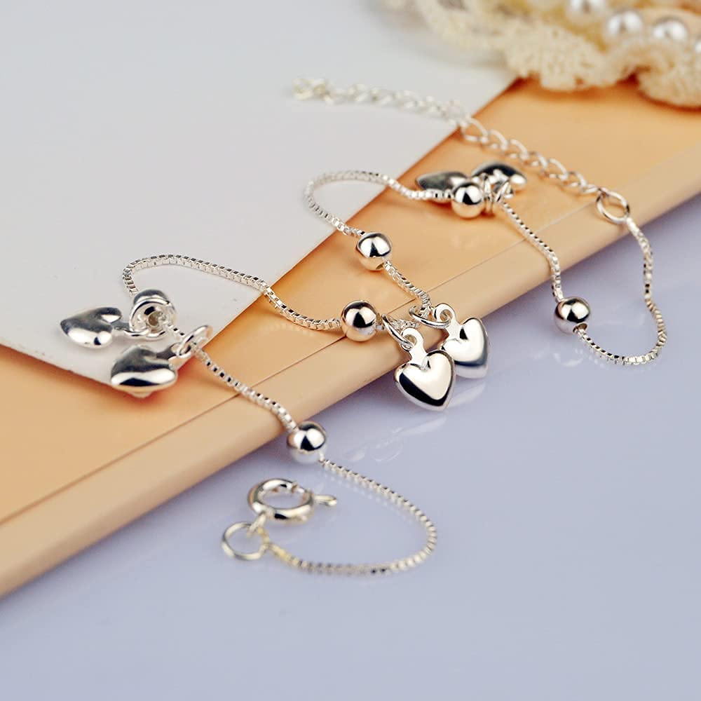 Fußkettchen Fuß, Neues 925 Sterling Silber Damen Fußkettchen Einfacher herzförmiger Anhänger Knöchelarmband Silberkette Sommer Beliebte Strandschmuck Geschenke