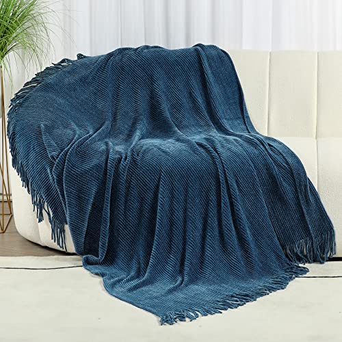 Blagic Blue Throw Blanket For Couch Soft Farmhouse Chenille Boho Throw Blanket With Tassels Home Decorative Lightweight Throw Blankets, Throws For Bed/Chair/Sofa, Stripe Textured (Dark Blue,50"X60") #TOP1