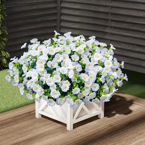 Artificial Flowers for Outdoors16 Bundles of UV-Resistant Silk Morning Glory with Eucalyptus-Realistic Faux Plants as Perfect Filler for Home Planter Porch & Garden Decor (White) image 7