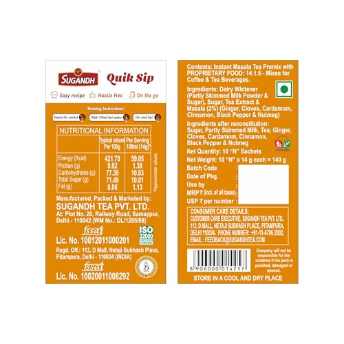 Image of Sugandh Quik Sip Instant Masala Chai Premix (Pack of 2) - Single Serve Sachets - 2 Boxes of 10 Sachets each