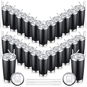 24 Pack Insulated Travel Tumblers 20oz Tumbler Double Wall Vacuum Travel Mug with Lid and Straw Stainless Steel Double Wall Coffee Cups Powder Coated Coffee Mug for Cold and Hot Drinks (Black)
