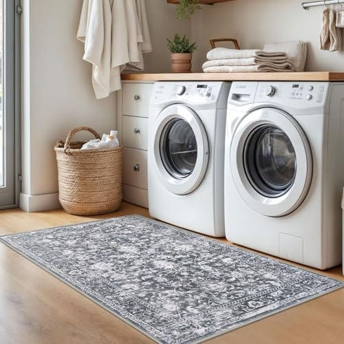 KILOCOCO Area Rug 3x5 Entryway Rug Washable Printed Vintage Floral Rubber Backed Non Slip Indoor Kitchen Rugs for Living Room Laundry Room Playroom Mudroom Moroccan Area Rugs, Grey by KILOCOCO - Used condition - Image 3