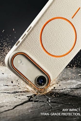 Image of amazon basics Luxury MagSafe Compatible Leather Texture Back Cover for iPhone 17 Air | Raised Camera Protection | Slim Fit Shockproof Case with Metallic Accents (White)