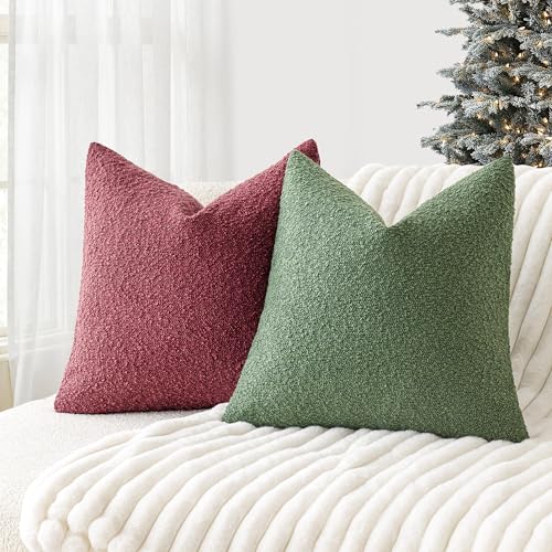 Image of Foindtower Set of 2, Decorative Textured Boucle Throw Pillow Covers Accent Solid Pillow Cases Neutral Cozy Couch Cushion Case for Chair Sofa Bedroom Living Room Home Decor 24 x 24 Inch Hunter Green