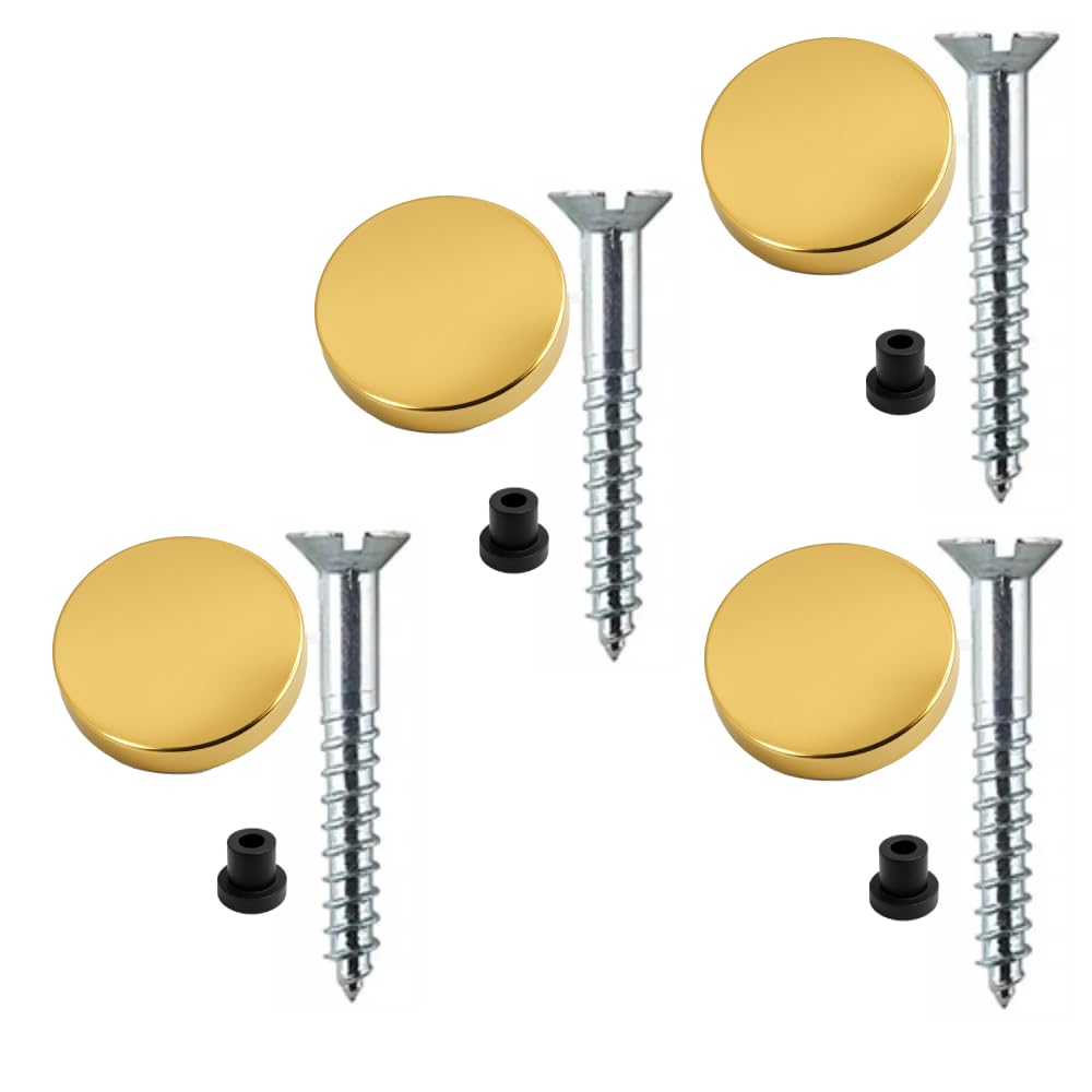 Mirror Screws Zinc 32mm with Rubber Washers – Pack of 4 with 13mm Polished Brass Flat Decorative Caps