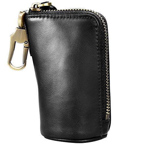 Preisvergleich Produktbild Echtes Leder Schlüsseletui Reißverschluss Autoschlüssel Kasten Halter Mappen Beutel für Damen Herren - Schwarzes