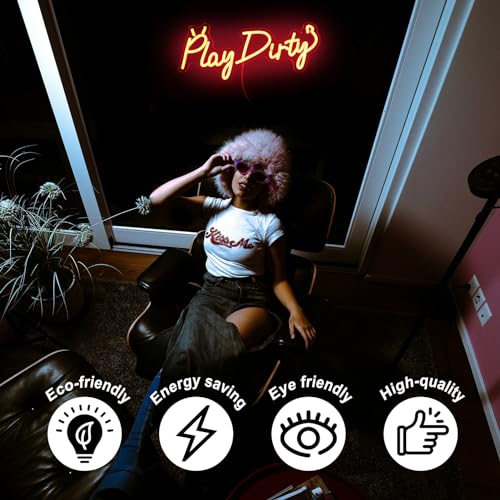 Image of Play Dirty Neon Sign Red Letter LED Neon Lights Signs Devil Neon Signs for Wall Decor Satan Neon Lights for Bedroom Dimmable Red Words Neon Light Up Sign for Bar Man Cave Party Decor