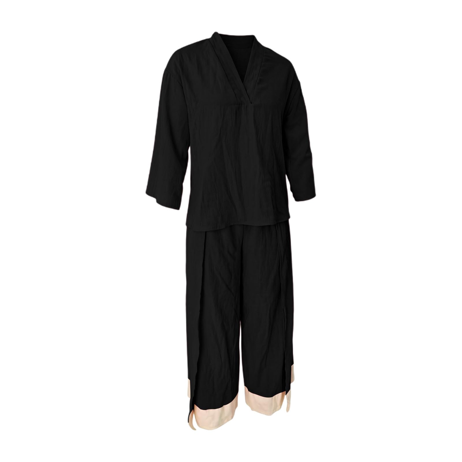 Generisch Damen Sommeroutfit mit französischem Kragen Bluse weiter Hose – leichtes atmungsaktives Set für Reise Büro Freizeit Alltag Date Shopping (Black, XXXL)