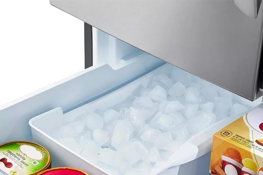 Close-up of the automatic ice maker in the freezer drawer