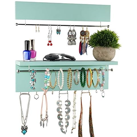 Spiretro Wall-Mounted Jewelry Organizer - Wood Turquoise - Necklace Holder with Removable Metal Bar - Earrings Bracelets Hooks - Shelf Storage Cover