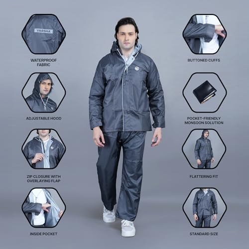 Image of VARSHA - Basic Reversible Rain Coat for Men, Men's Raincoat with Adjustable Hood, Heavy-Duty Zip & Button Closure,Buy Portable Waterproof Rainwear Suit for Bike.(NX)