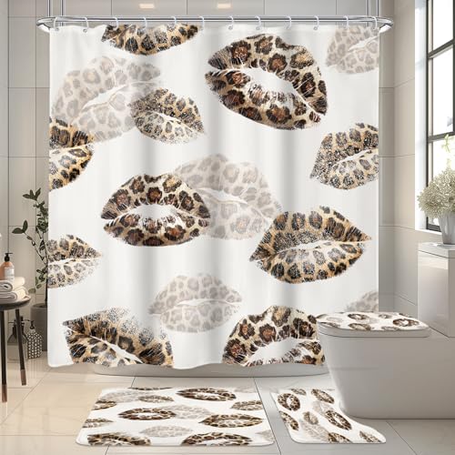 LIGHTINHOME 4 PCS Kiss Lips Shower Curtain Set 72Wx72H,Toilet Lid Cover,Non-Slip Rugs and U-Shaped Mat,Wild Cheetah Leopard print Bathroom Sets with Rugs Shower Accessories 12 Hooks for Bathroom Decor