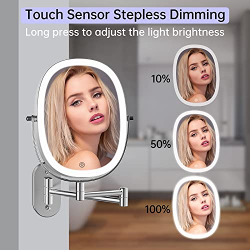Funtouch Rechargeable Wall Mounted Lighted Makeup Vanity Mirror, Double Sided 1X/7X Magnifying Mirror, 3 Lighting Option Dimmable, Extension Foldable Arm, Oval Frame Light Up Bathroom Vanity Mirror #TOP3