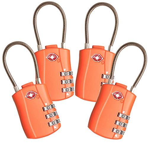 4 Pack TSA Approved Travel Luggage Combination Cable Locks for Suitcases, Backpake (Orange)