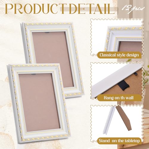 Image of 12 Pcs 5 x 7 Inch White Picture Frames Bulk Vintage Antique Ornate Retro Baroque Photo Frames with Backboard for Wall Hanging Tabletop Home Decor Wedding Christmas Display