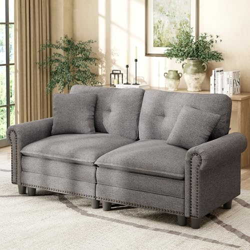 Image of HERA'S HOUSE 73.2 inch Modular Loveseat Cloud Couch Deep Seats & Rolled Arms | Mid-Century Modern 2-Seater Loveseat, Dark Grey, Nailhead Trim, Wider & Deeper Seats, Soft Linen Sofa for Living Room Bedroom