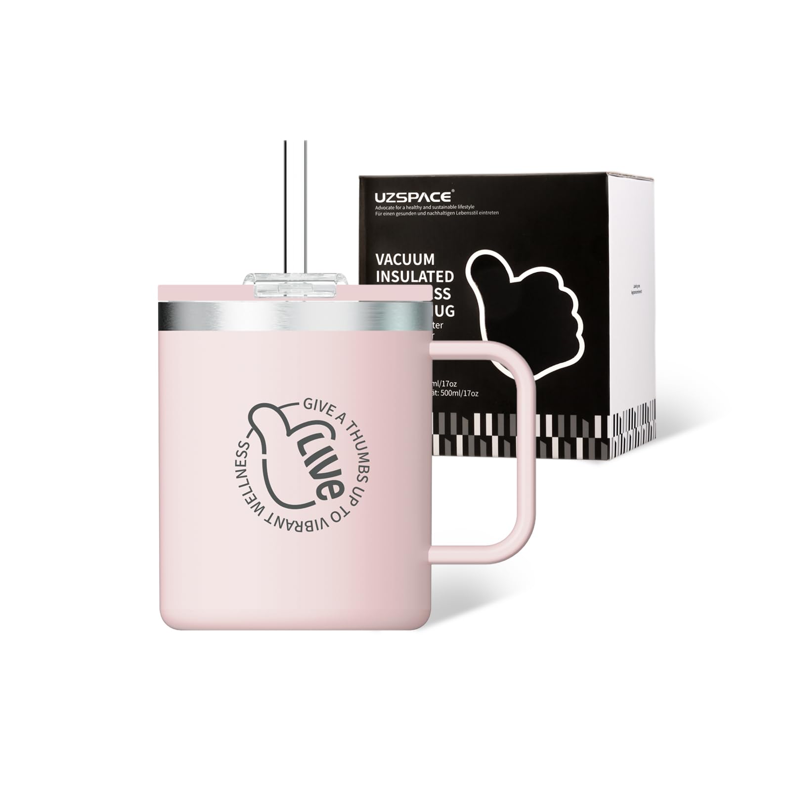 UZSPACE Travel Mug with Handle - Insulated Coffee Cup 500ml - Thermal Mug for Hot or Cold Drinks - Reusable Coffee Cups with Straw, Quartz Pink
