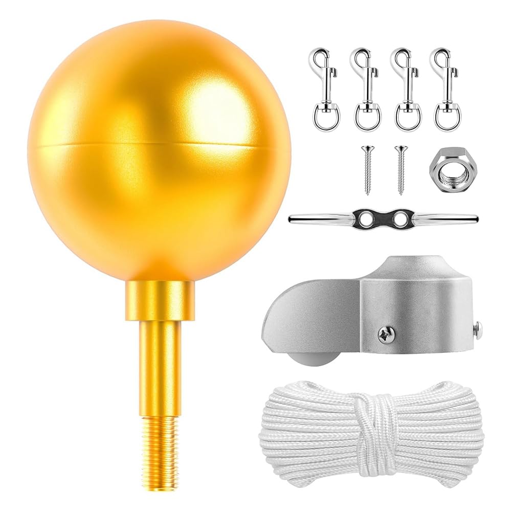 UDSKNV[KSL Flag Pole Ball Topper Halyard Rope, Cleat Hook& Flag Swivel Snap Clips- Hardware Parts Repair Kit Gold