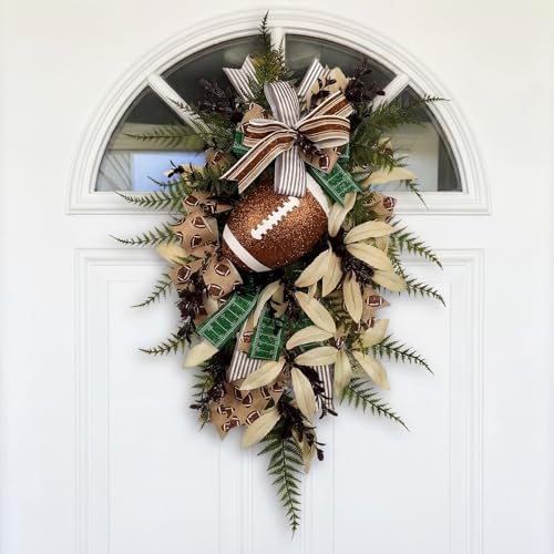 Suncalla 18 Inch Football Teardrop Swag Decoration Hanging Tear Drop Swags Wreath for Front Door Vintage Sport Sign with Ribbon Football Party Favors Decorations for Game Day Sport Theme Door