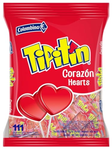 Piruletas Corazón Tipitin Sabor Cereza | Bolsa de 111 Unidades | Caramelo Duro con Palo Sin Gluten ni Alérgenos | Ideal para San Valentin y Cumpleaños