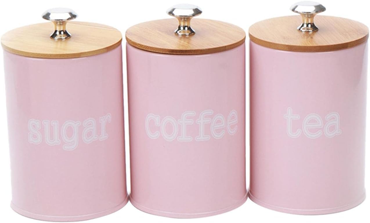 LuChangGongLu 3pcs Metal Tea Coffee Sugar Canisters,Food Storage Sealed Tin with Lids,for Flour, Cereal & Dry Goods (Pink)