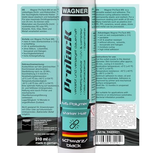 Wagner ProTack MS Montagekleber schwarz 310 ml Kartusche | Für Unterwasserkleber für Kunststoffe, Glas, Metall, Holz, Stein, Pool | dauerelastischer Haftkleber und belastbarer Kleb- und Dichtstoff