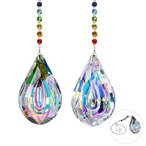 MerryNine 1 Pair Prism, Ab Color K9 Crystal Colorful Lamp Prisms Loquat Shape Chandelier Glass Crystals Hanging Drops Pendants, Rainbow Prism Pendent with MerryNine Pearl Yarn Gift Sandbag(89mm)