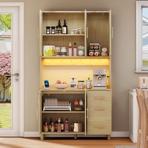 LAKFEW Alacena de Cocina con Enchufe y LED, Armario Cocina con 3 Cajones y 5 Puertas, Alacena Cocina con Dispositivo Antivuelco y Estante Ajustable, Aparador con 6 Ganchos, 100x40x183 cm, Natural