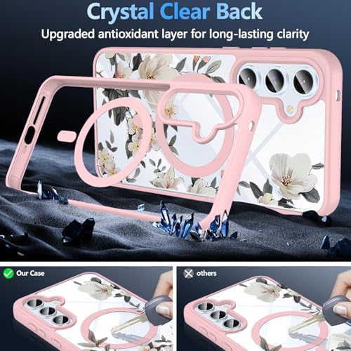 Image of VONZEE Compatible with Samsung Galaxy A35 5G Case Luxury Retro Flowers Floral Clear for Magnetic Wireless Charging Case Shockproof PC+TPU Cute Glossy Shiny Cover for Girls Women, Pink