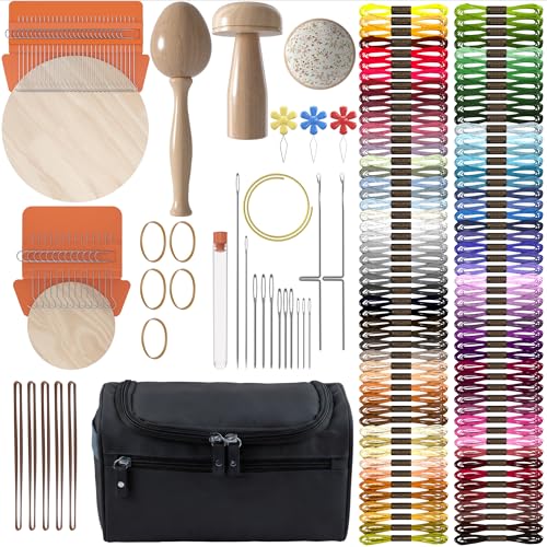 READAEER Speedweve Darning Mini Loom Kits Machine for 14 & 28Hooks Speedweve Style Weaving Darning Loom with 9 Pcs Large Eye Needles 100 Colors Thread for Handcraft DIY Weaving Repair Tool