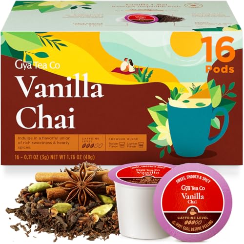 Gya Tea Co Caffeinated Vanilla Chai Black Tea Pod (16 Count) - Smooth, Flavourful, Robust, Enjoy Hot or Iced