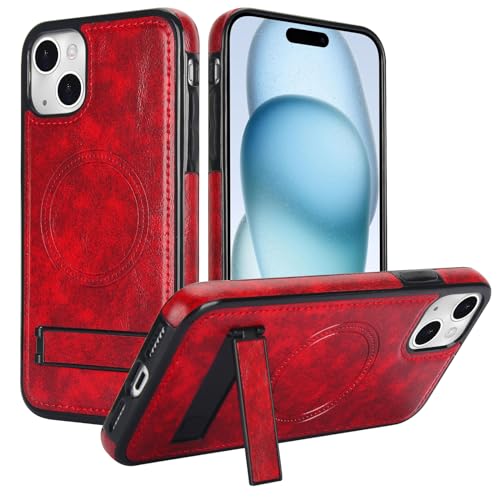 Custodia magnetica per iPhone 15compatibile con Magsafeï¼½ ricarica staffa nascosta forte custodia protettiva per 15 wireless pelle sintetica rosso