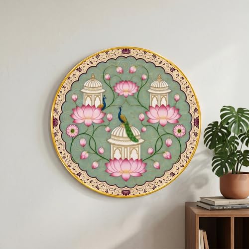 Image of SAF Lotus Peacock Mandala Wall Painting Round PVC Golden Frame Floral Temple Art Traditional Indian Decor Elegant Wall Art for Living Room Bedroom Office Home (16 x 16 Inch) GRM-412