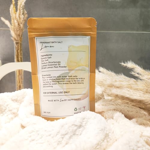 Image of Happishades Bath Salt | For Body & Foot Spa, Calming, Relaxing, Muscle Aches Pain Relief, Aromatherapy | Pure & Natural Epsom, Sea Salt & Essential Oils - 200 grams (Lemon x 2)