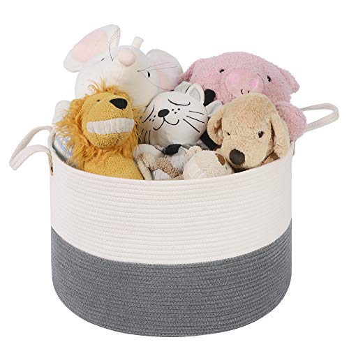 SONGMICS Baumwollseilkorb, Griffen, Wäschekorb aus Baumwolle, 100 L, für Spielzeug, Kleidung, Decken, Grau-Beige, 55 x 55 x 35 cm, LCB401G01