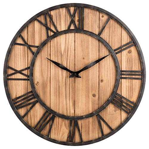 Horloge murale rétro noir et bois simple horloge de décoration en bois massif ronde