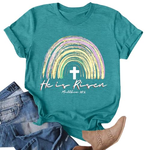 Image of Ithalt Easter Shirts for Women He is Risen Tshirt Easter Christian T-Shirt Jesus Lover Short Sleeve Tops