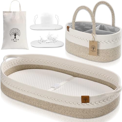 Image of Baby Changing Basket Includes Diaper Caddy - Soft & Waterproof Dual-Cover, Portable, Changing Pad for Dresser & Changing Table, Gift for Baby Shower, Organic Cotton Rope