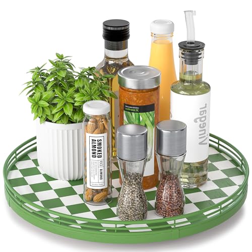 Image of Premium Rubber Wood Lazy Susan Turntable, Green White Checkerboard Decorative Serving Tray, Hand-Welded Metal Railing, Stable Rotating Organizer for Dining Table, Kitchen Counter, Coffee Table Decor