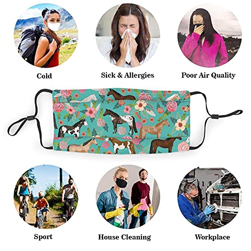 Paufoga Soft Face Guard With M-Shaped Nose Clip And Replaceable Filter - Reusable Breathable Mouth Guard For Kids Teens Outdoor Cycling - Horses Floral Horse Breeds Farm Animal Pets Flowers Pattern #TOP5