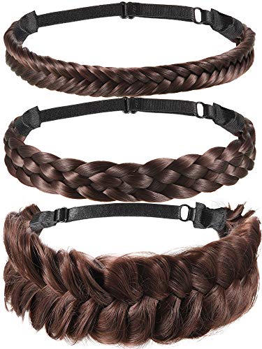 3 Pieces Synthetic Hair Braided Headband Braiding Hair Headband Chunky Plaited Headband Elastic Stretch Hairpiece for Women Girls Hair Accessory, 2 Strands, Wide Fishtail, 5 Strands
