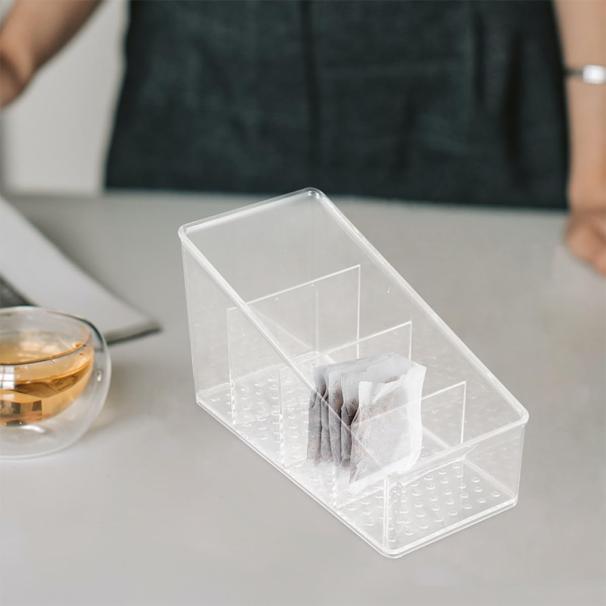 Mikinona Efficient Tea Storage 4 Compartment Tea Bag Box Sugar Packet Organizer Modern Space-saving Design