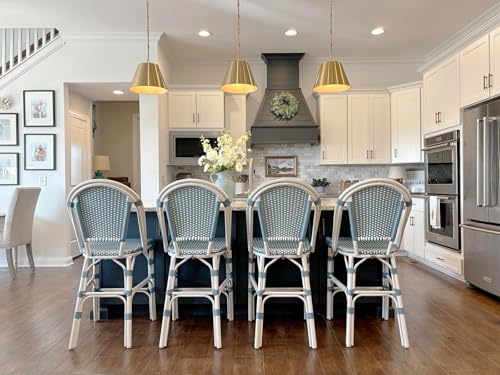 Image of PURPLE LEAF French Counter Height Bar Stool Set of 4 25 inch White Print Finish Patio Bar Chairs with Back Rattan Bar Chairs French Bistro Set for Kitchen Outdoor Counter Stool Light Blue