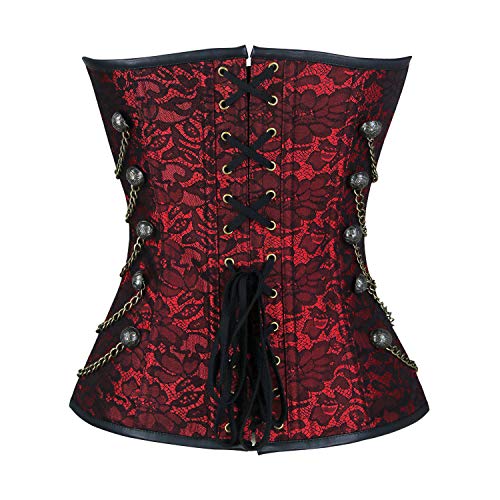 Image of Charmian Women's Steel Boned Steampunk Gothic Bustier Corset with Chains | Overbust Corset, Premium Brocade & Leather, Clasp Closure, Lace-up Back